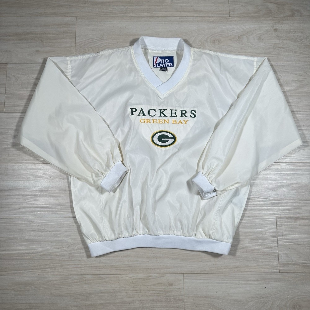 Vintage Green Bay Packers Jacket Men XL Pro Player White Windbreaker Pullover 90